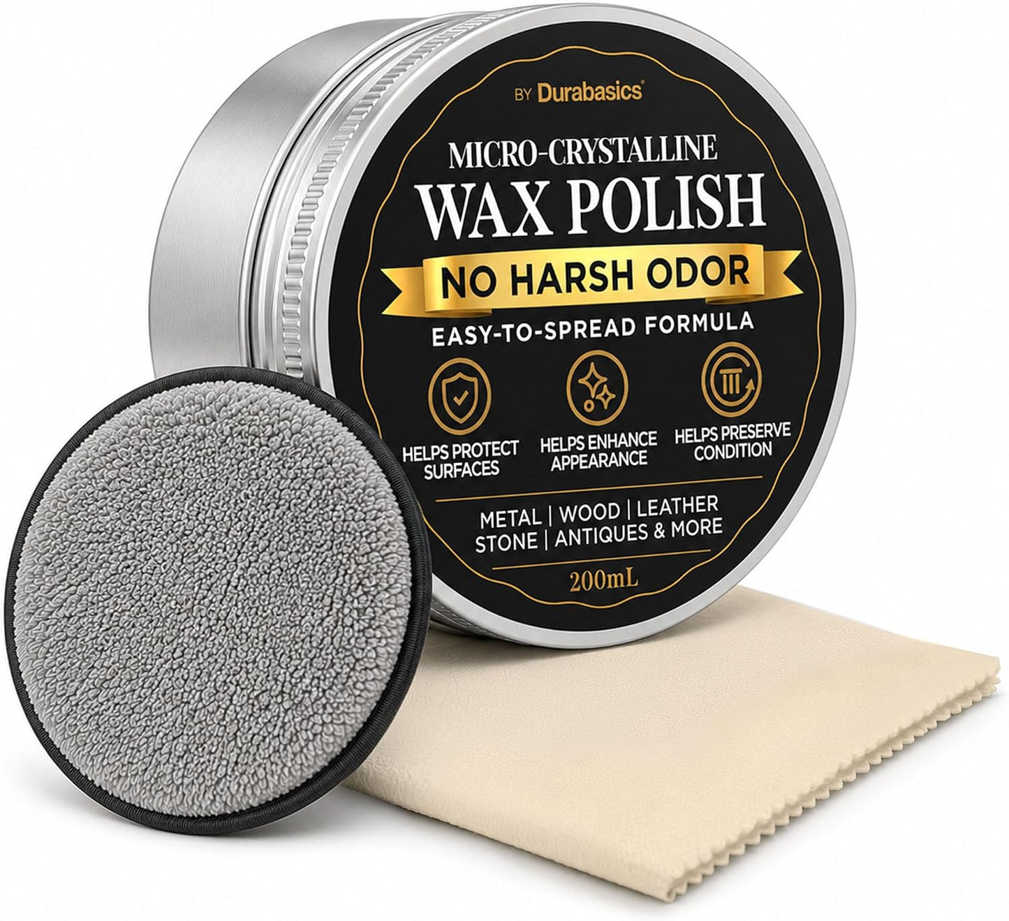 Durabasics Microcrystalline Wax Polish, 6.8 fl oz (200 mL), Metal Wax & Paste Wax for Wood, Leather, Stone & Finished Surfaces, Easy-to-Spread Formula, Includes Applicator & Buffing Cloth