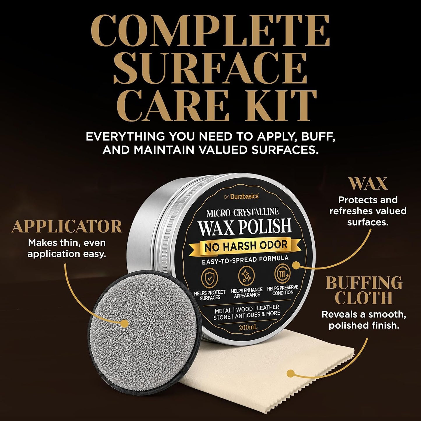 Durabasics Microcrystalline Wax Polish, 6.8 fl oz (200 mL), Metal Wax & Paste Wax for Wood, Leather, Stone & Finished Surfaces, Easy-to-Spread Formula, Includes Applicator & Buffing Cloth