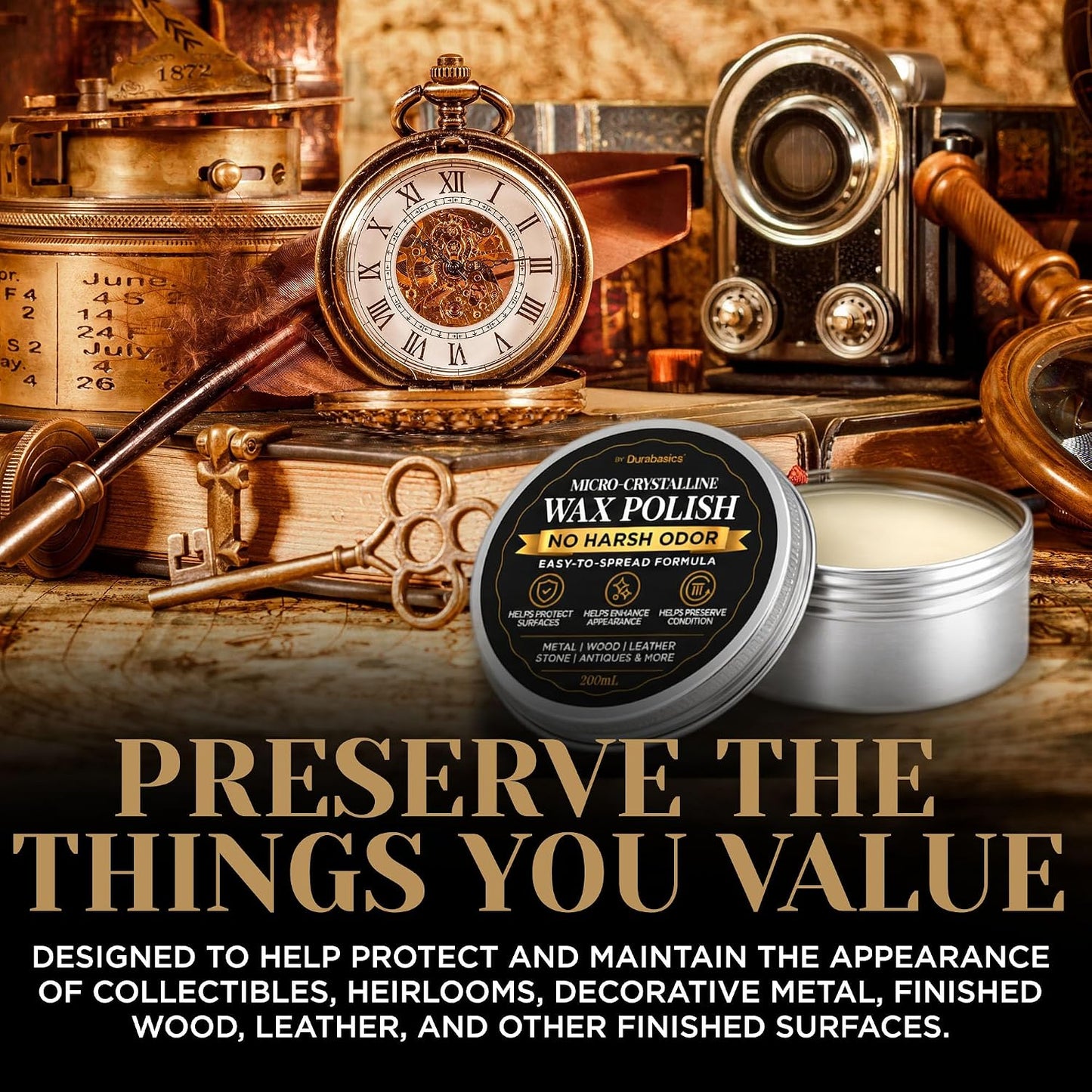Durabasics Microcrystalline Wax Polish, 6.8 fl oz (200 mL), Metal Wax & Paste Wax for Wood, Leather, Stone & Finished Surfaces, Easy-to-Spread Formula, Includes Applicator & Buffing Cloth