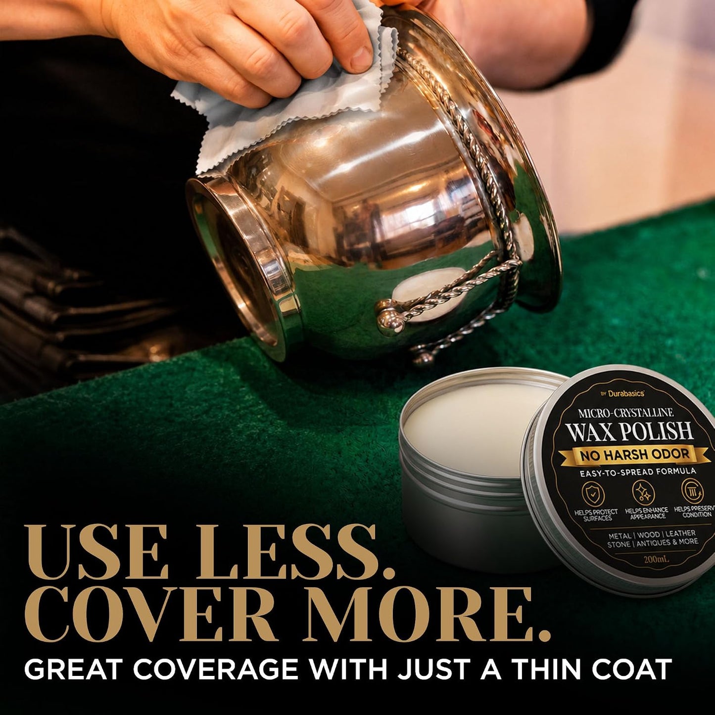 Durabasics Microcrystalline Wax Polish, 6.8 fl oz (200 mL), Metal Wax & Paste Wax for Wood, Leather, Stone & Finished Surfaces, Easy-to-Spread Formula, Includes Applicator & Buffing Cloth