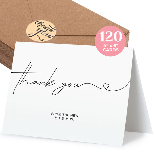 120 Heavyweight Blank Wedding Thank You Cards with Envelopes, Personalized Greetings Gratitude Letter From The New Mr and Mrs, Wedding Thank You Notes with Envelopes & Stickers (4x6 Inches) (120 Pack)