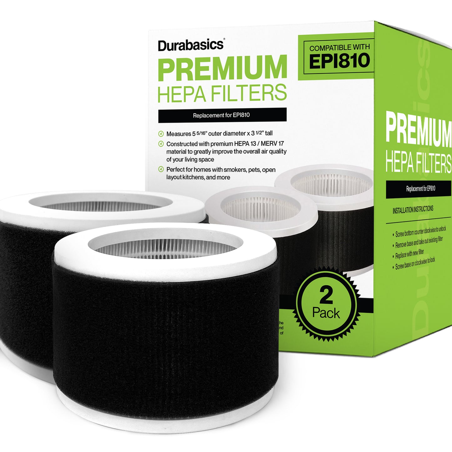 Durabasics HEPA Filter for MOOKA Air Purifier Replacement Filter EPI810 - 3 Stage Filtration System - 2 Pack - Replacement for MOOKA Air Purifiers EPI810 & KOIOS Air Purifier Filter Replacement EPI810