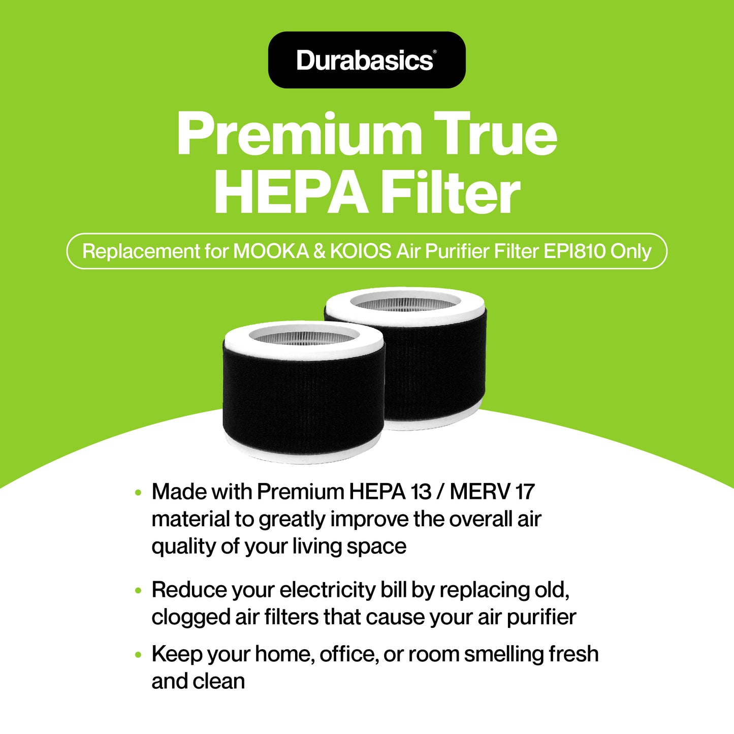 Durabasics HEPA Filter for MOOKA Air Purifier Replacement Filter EPI810 - 3 Stage Filtration System - 2 Pack - Replacement for MOOKA Air Purifiers EPI810 & KOIOS Air Purifier Filter Replacement EPI810